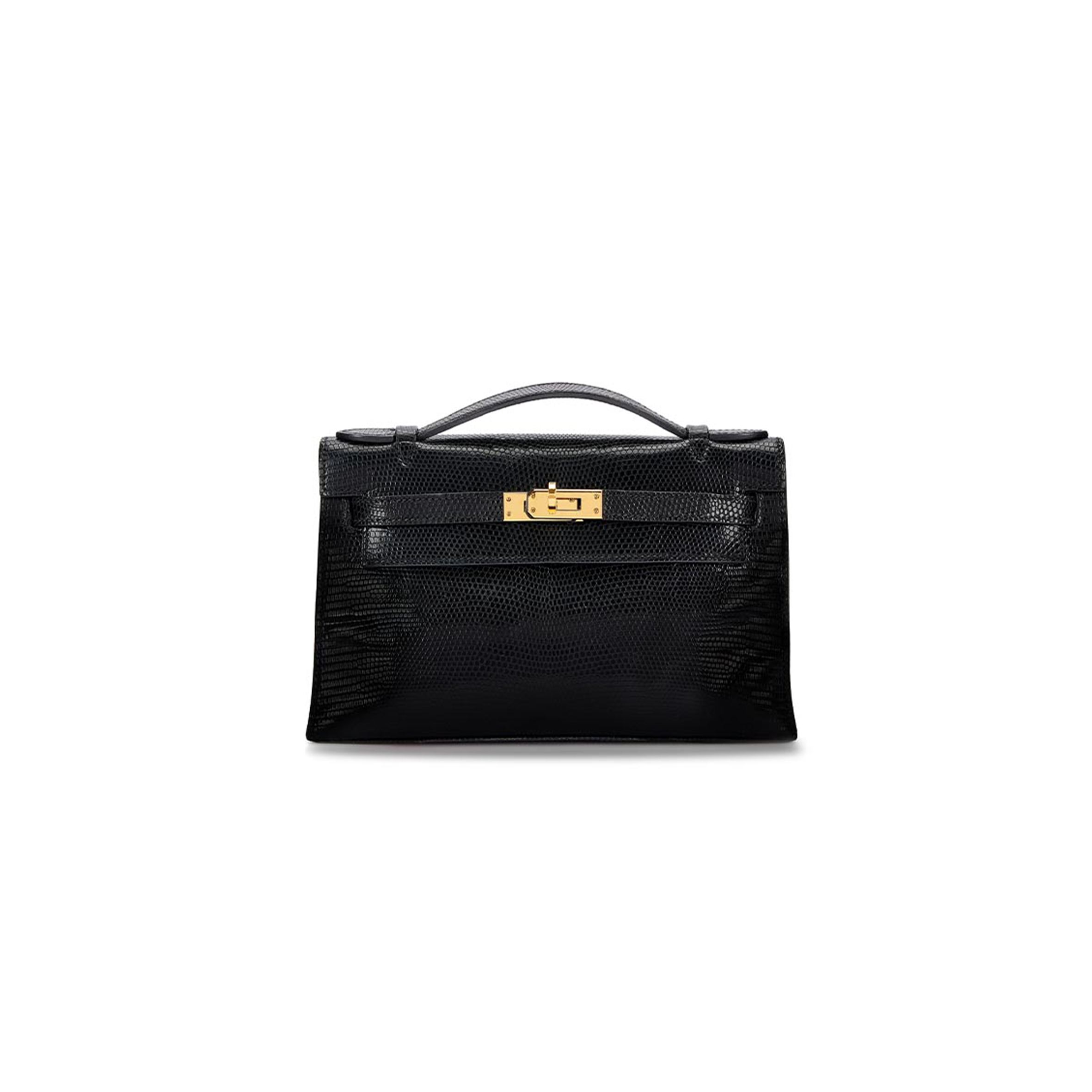 HERMÈS MASTER  BLACK SHINY NILOTICUS LIZARD KELLY POCHETTE GOLD HARDWARE (22*14*7cm) 